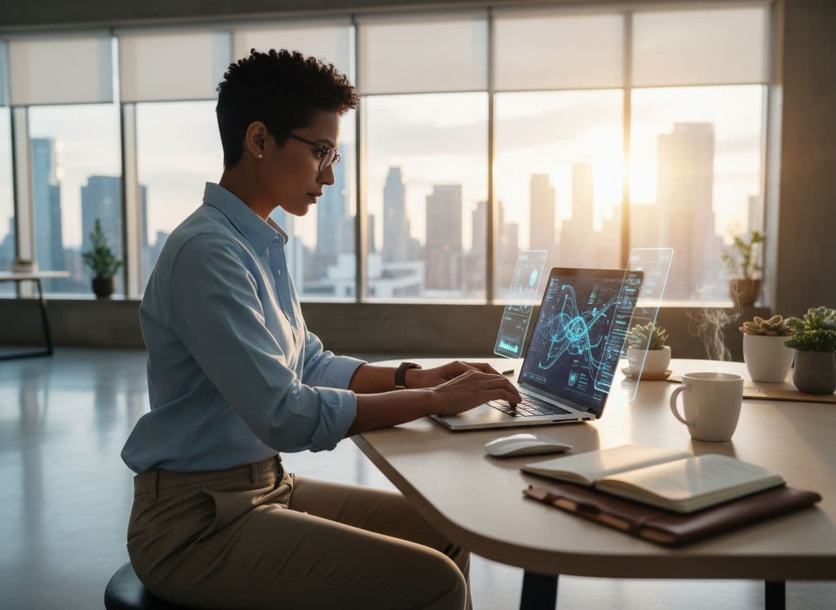 Business owner using AI tools on a laptop in a modern office
