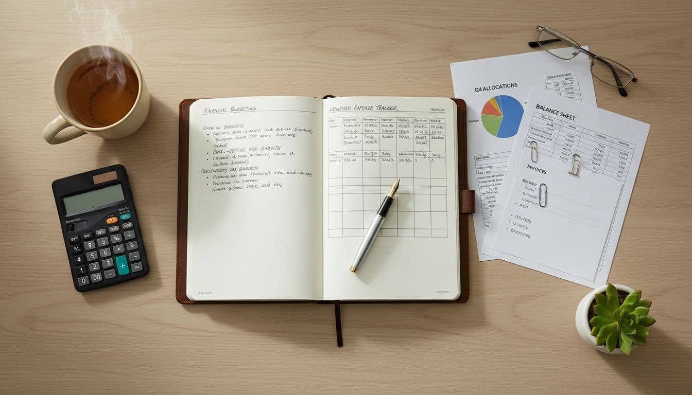 Notebook, calculator, and financial documents on a desk used for business budgeting and planning