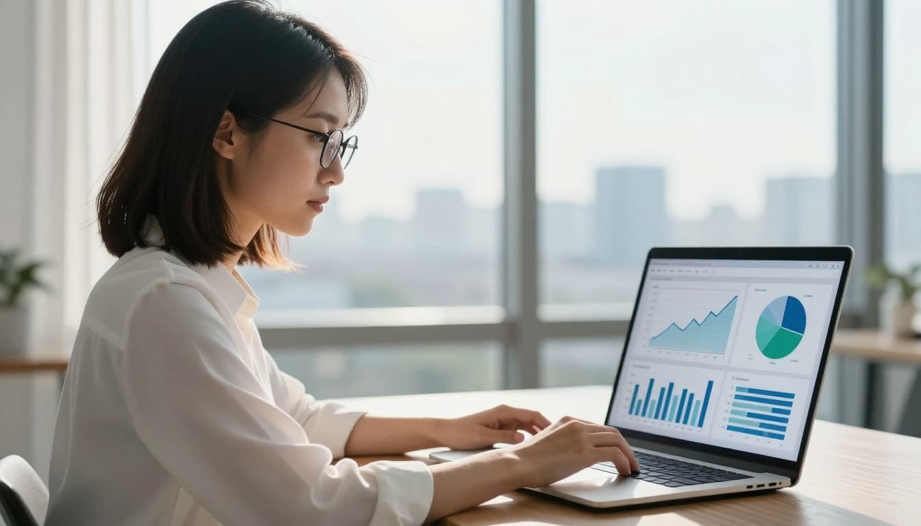 Professional reviewing clear financial data and charts on a laptop near a window