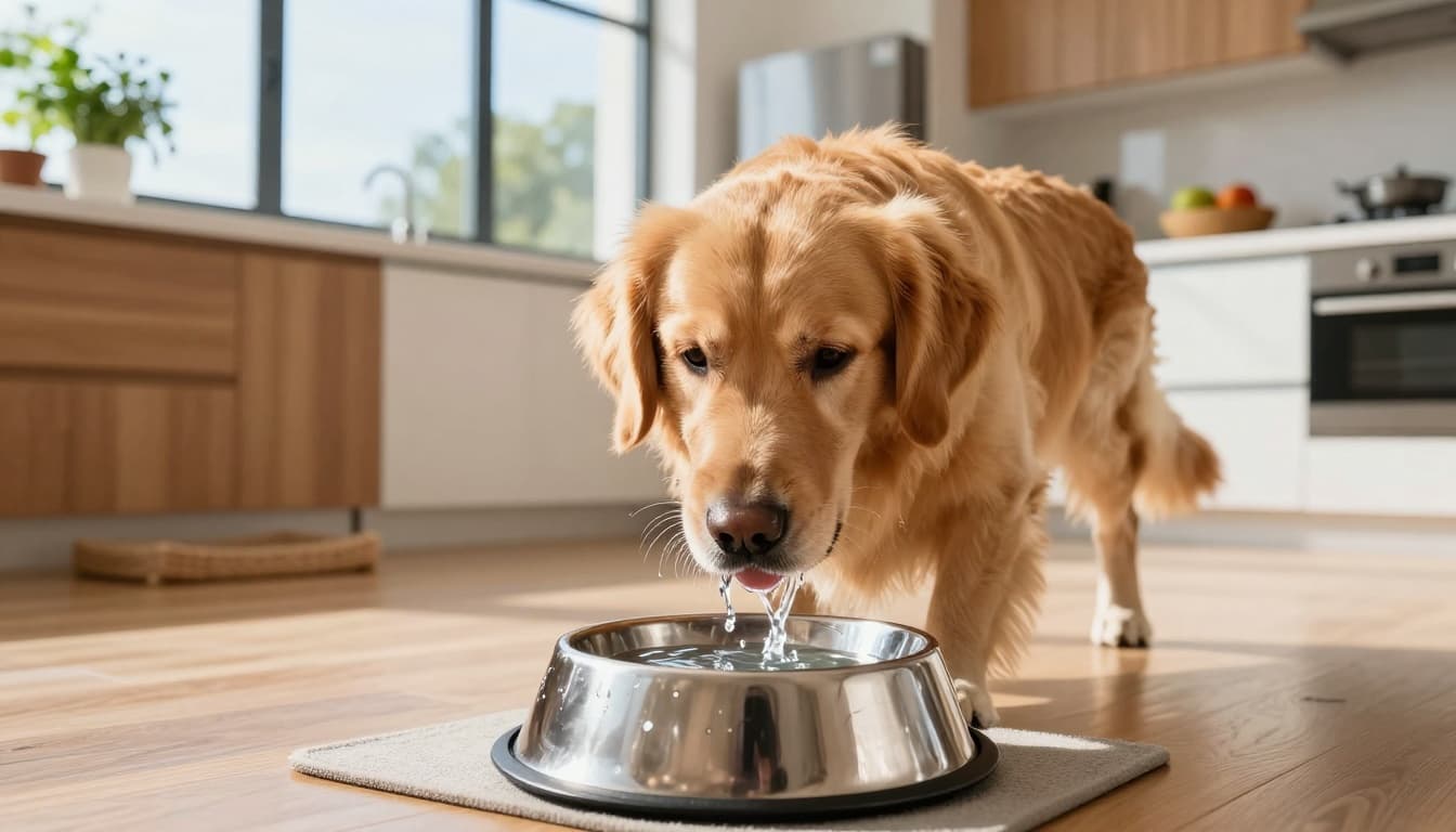 Dog drinking fresh water from a bowl indoors to support urinary tract health