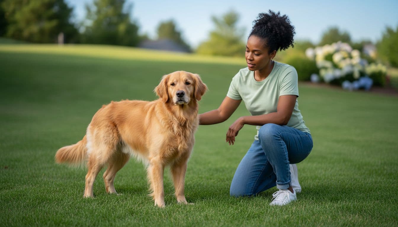 Pet parent observing her dog outdoors while monitoring possible urinary tract infection symptoms