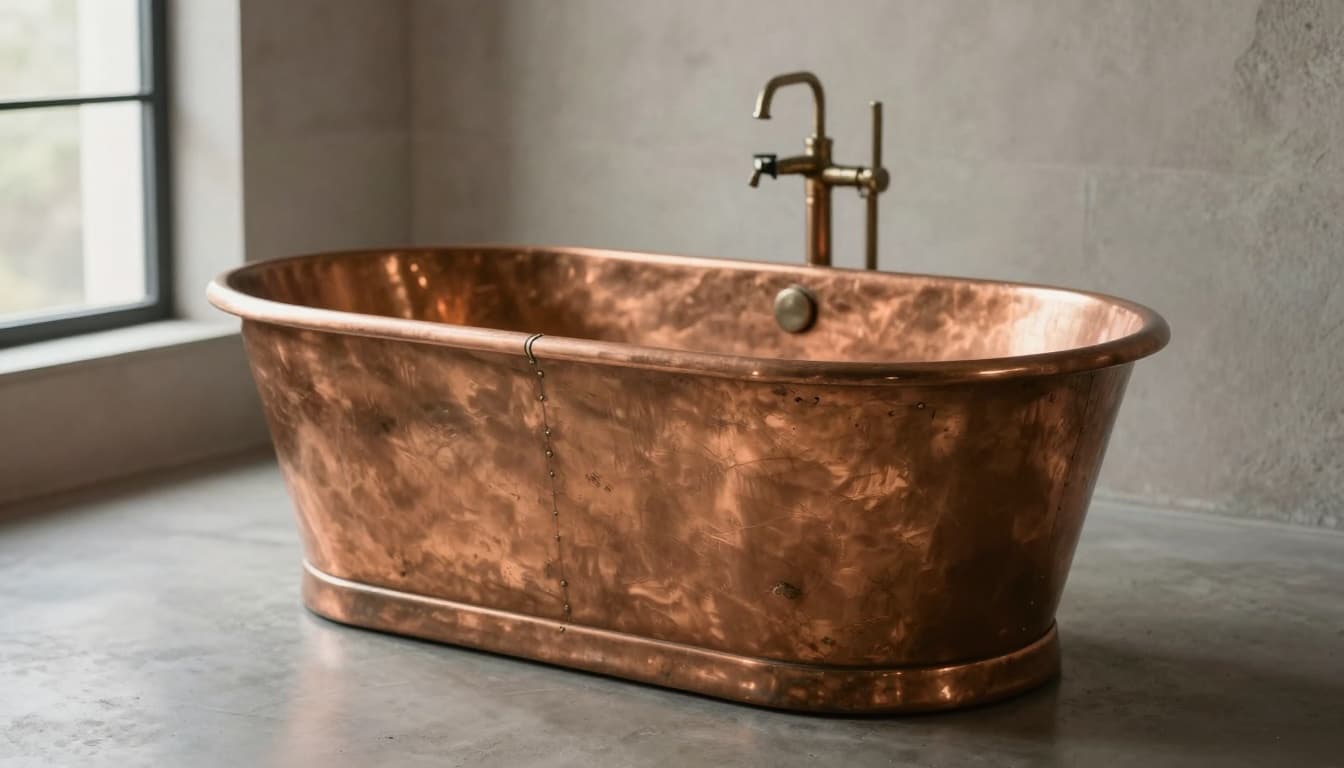 Close-up of a handcrafted freestanding copper bathtub showing natural patina and texture