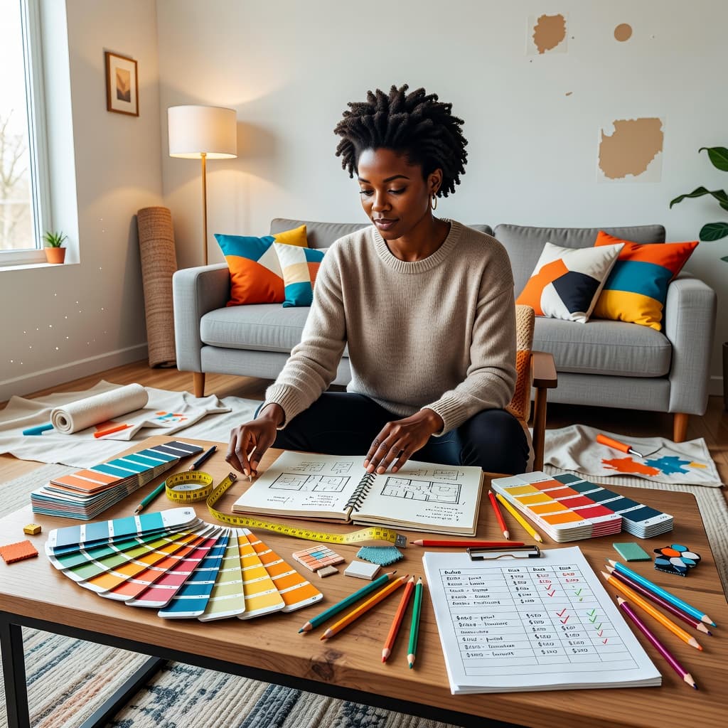 Homeowner measuring a living room and reviewing design plans before redecorating