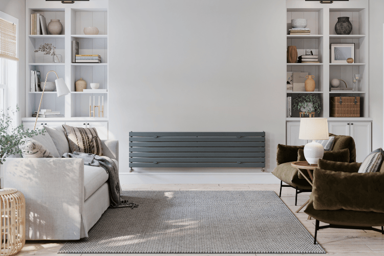 Minimalist living room with built-in shelves, neutral furniture, and a modern horizontal designer radiator