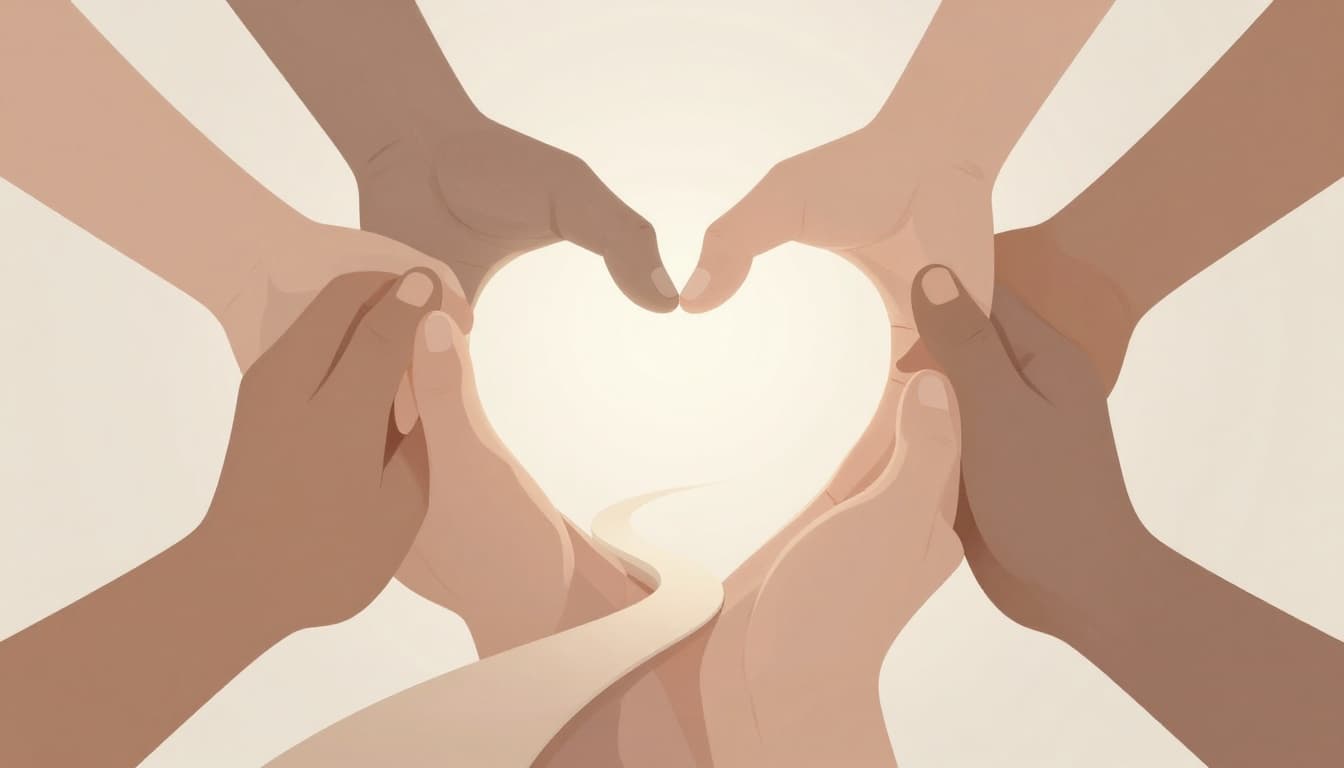 Illustration of hands forming a heart shape with a path symbolizing different paths to parenthood