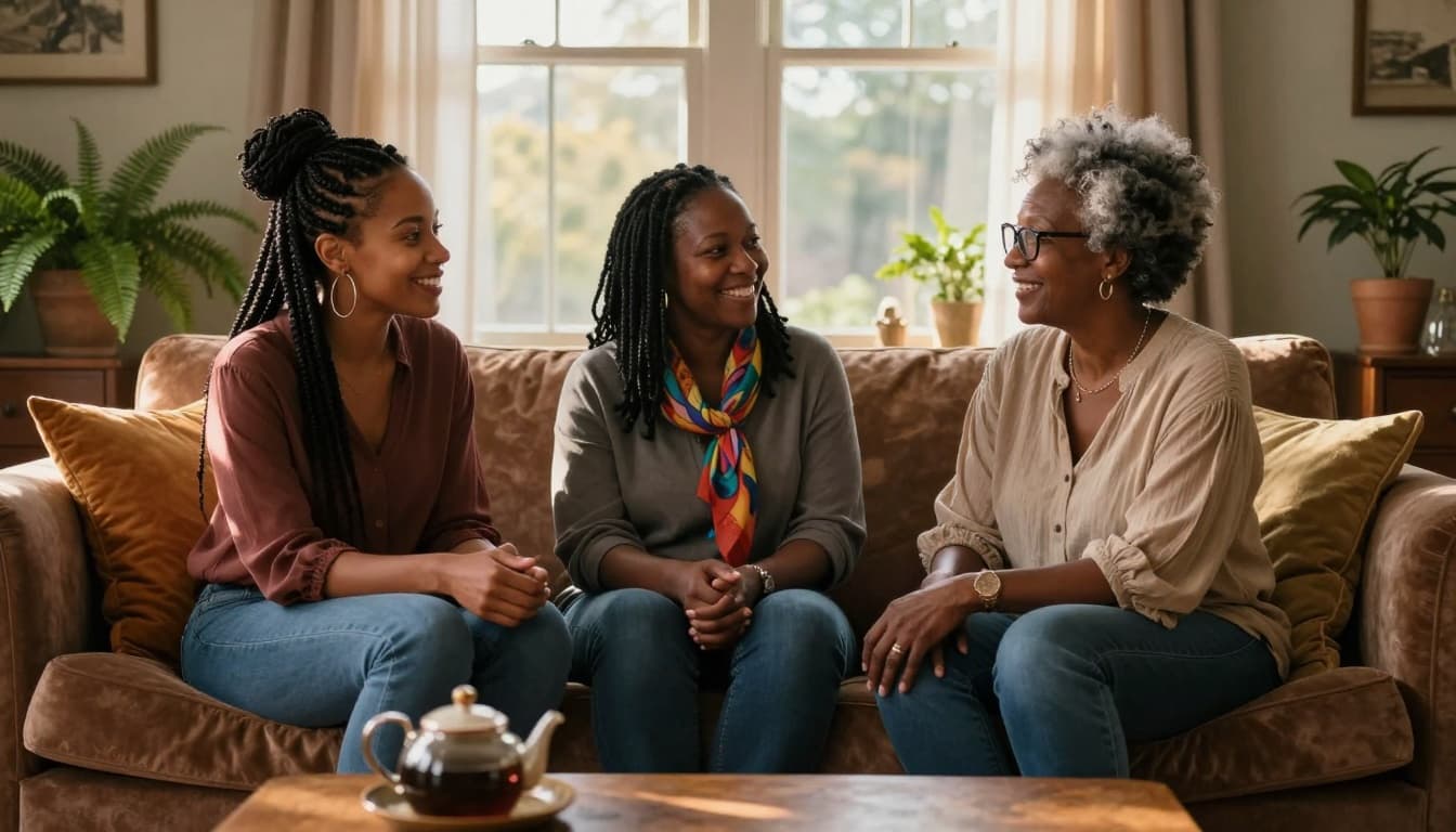 Three Black women sitting together on a couch, smiling and talking in a warm home setting.