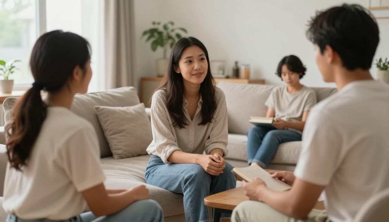 International au pair talking with a host family in a comfortable living room in the United States