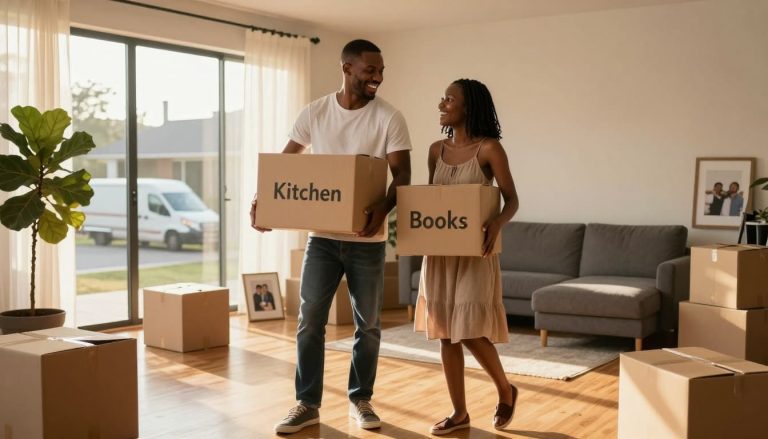 Couple carrying moving boxes while settling into their first home together