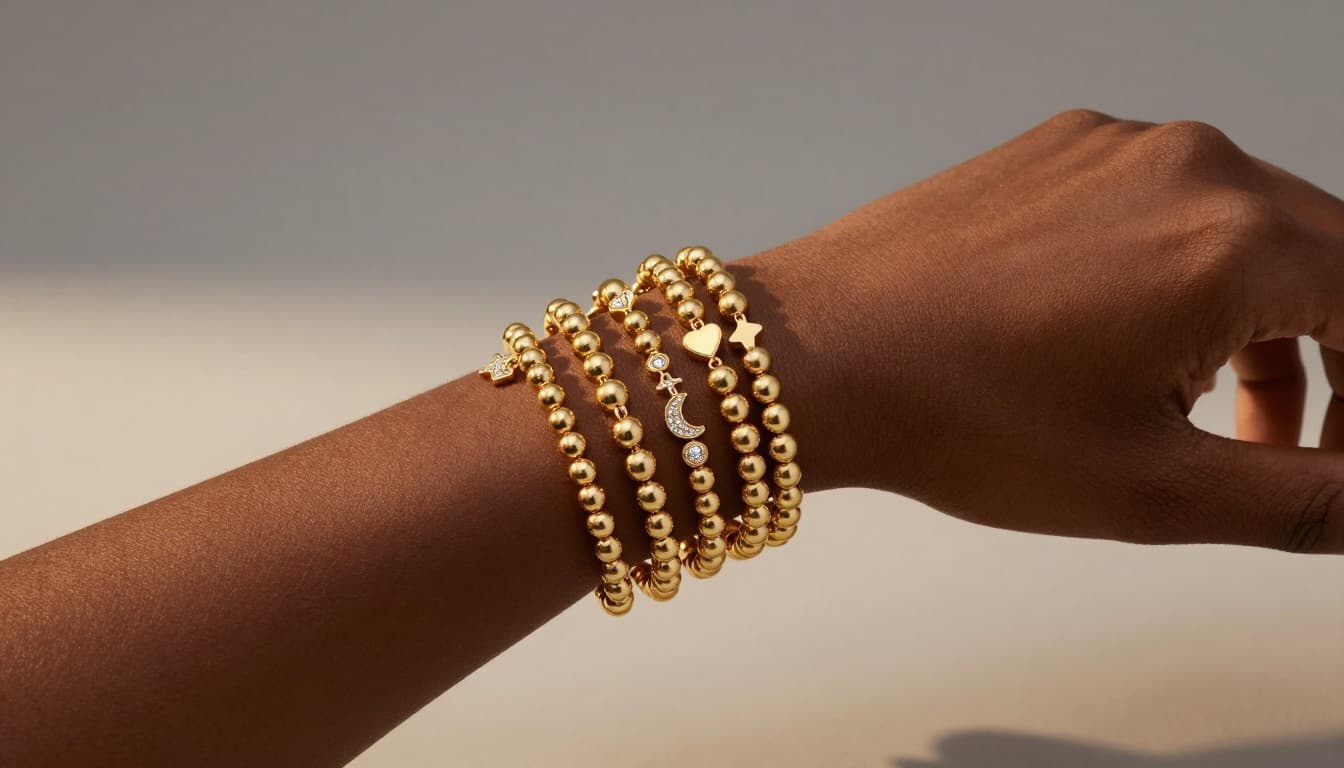 Layered 14k gold bead bracelets with charms stacked on a wrist