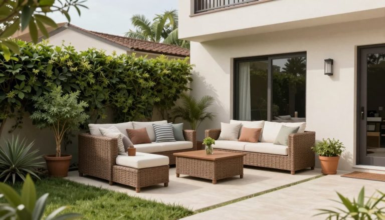 Low maintenance outdoor patio with seating designed for relaxed retirement living