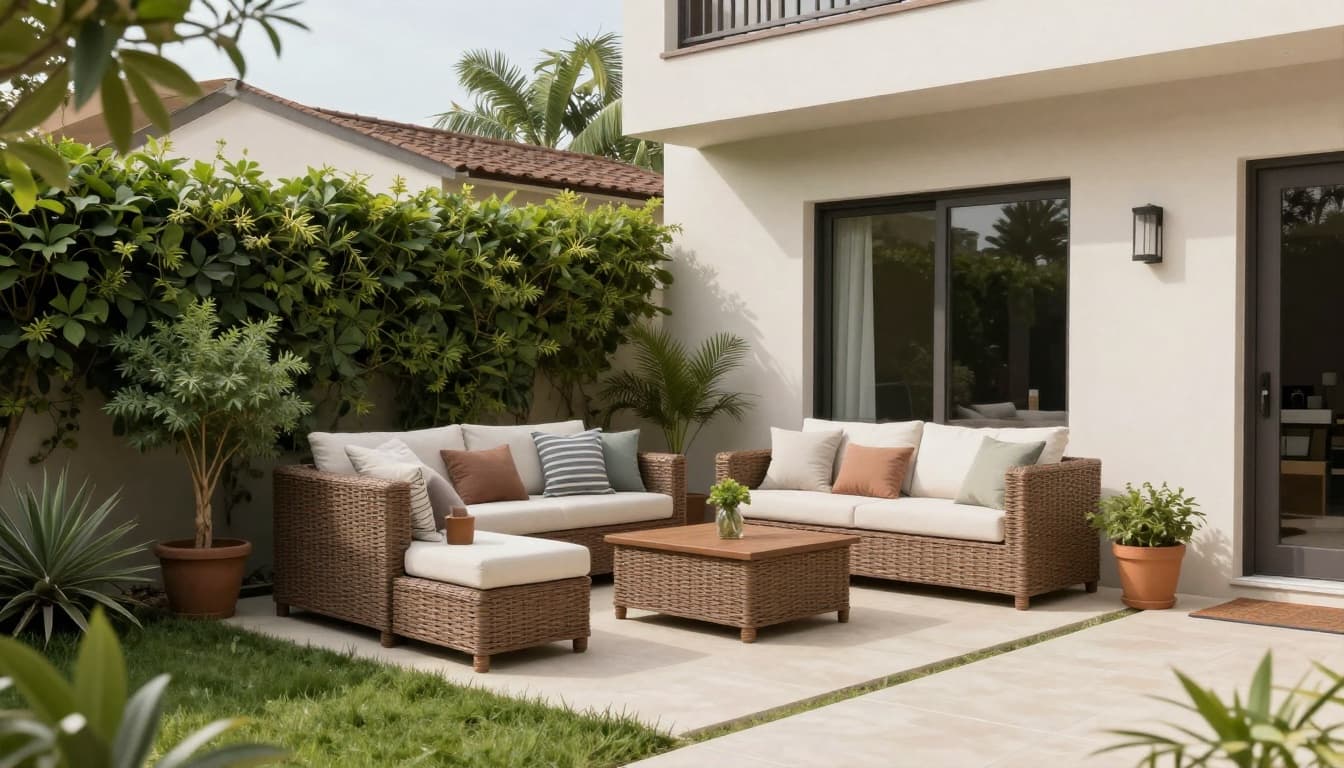 Low maintenance outdoor patio with seating designed for relaxed retirement living