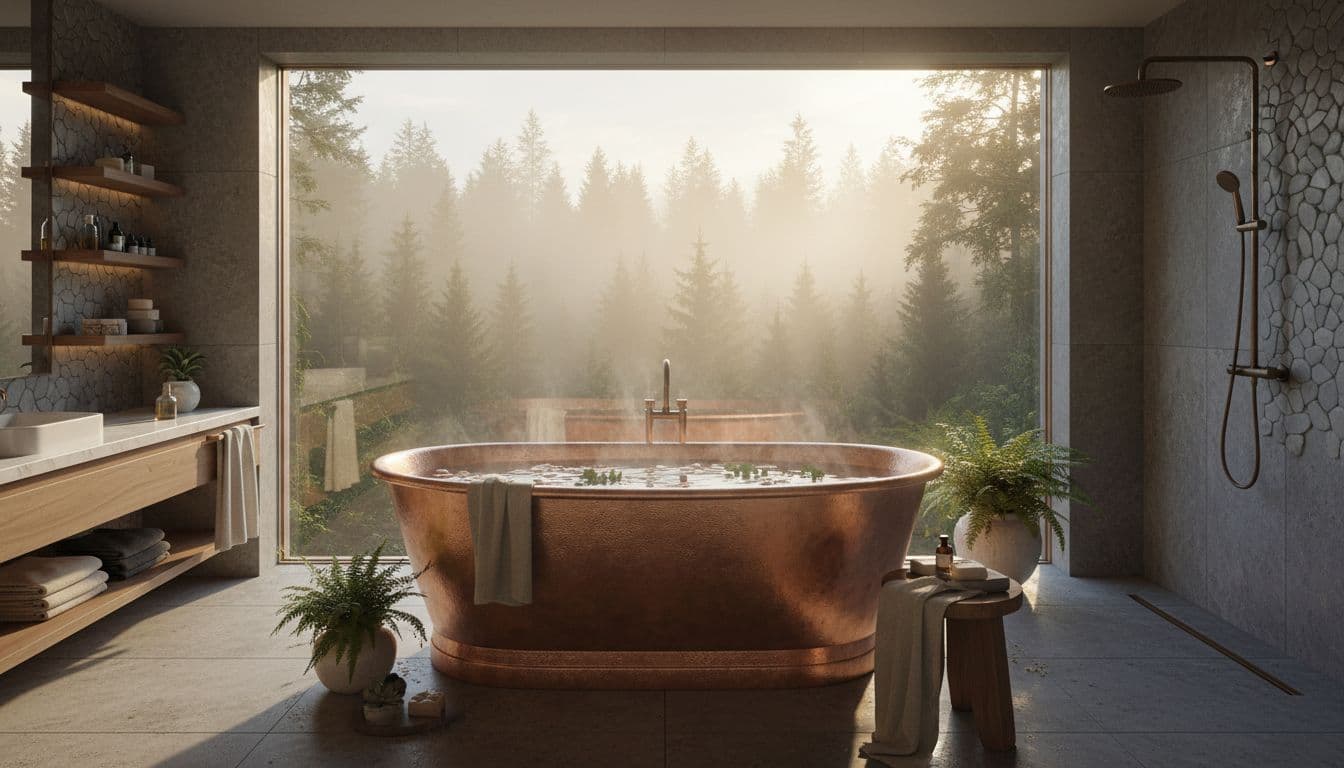 Freestanding copper bathtub in a spa-inspired bathroom overlooking a forest landscape