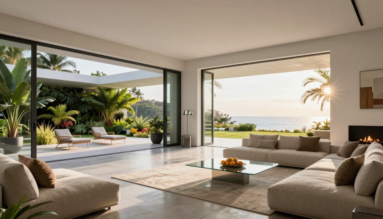 Modern living room with large sliding glass doors opening to a landscaped garden and patio.