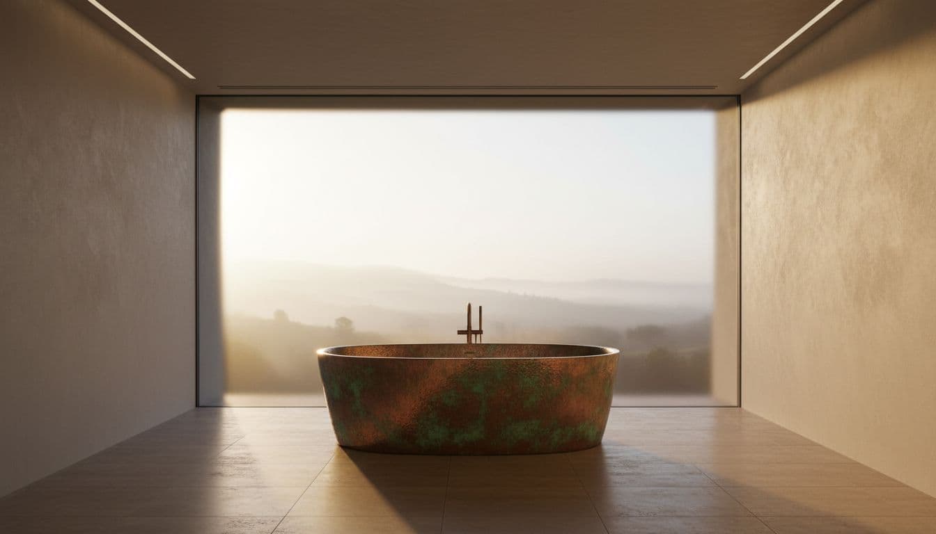 Freestanding copper bathtub centered in a minimalist luxury bathroom with warm natural light