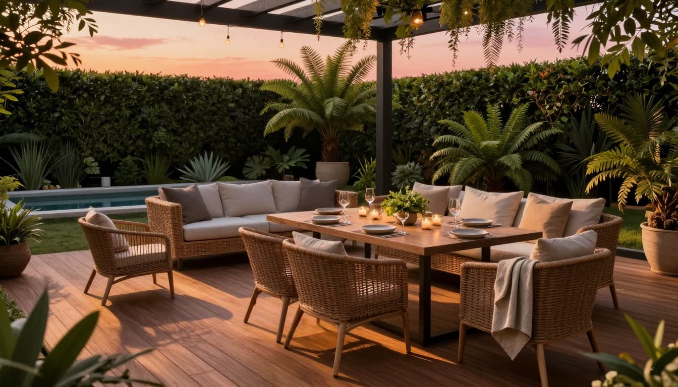 Modern outdoor dining space with wicker furniture, wooden decking, and soft evening lighting.