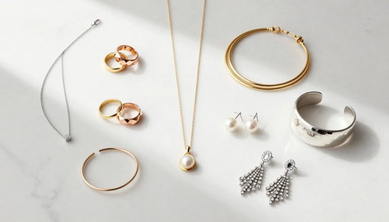 Flat lay of rings, necklaces, bracelets, and earrings from different jewelry styles and finishes