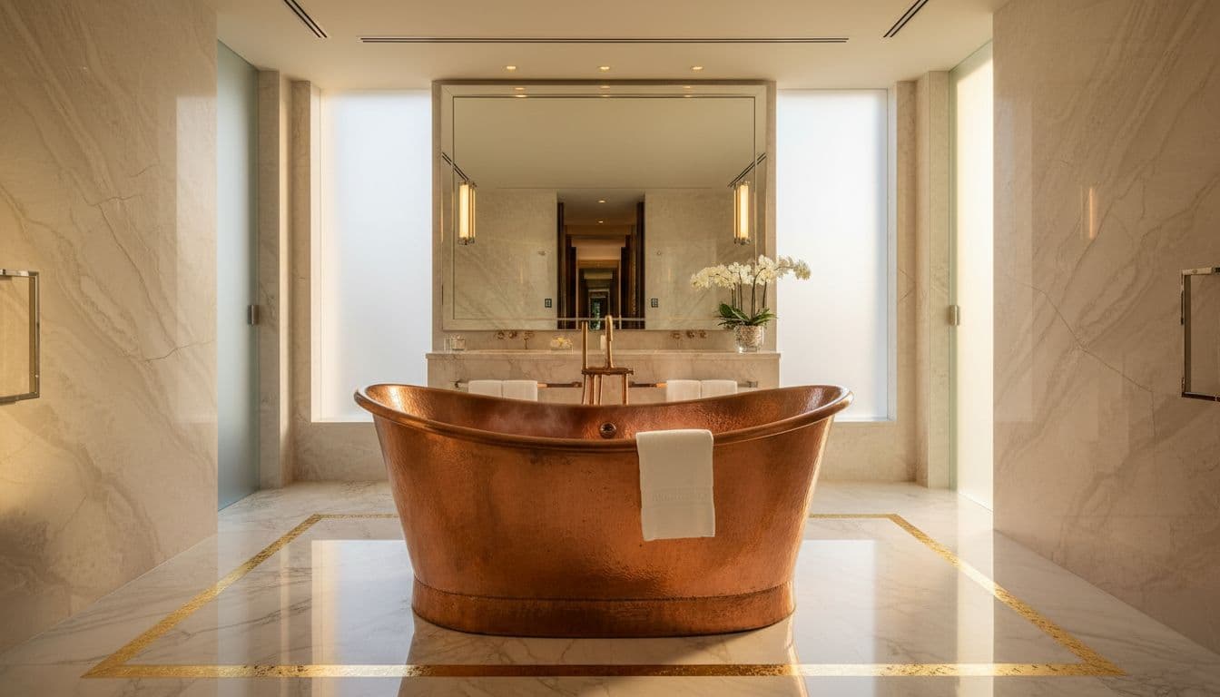 Hammered freestanding copper bathtub in a luxury spa-style bathroom with marble finishes