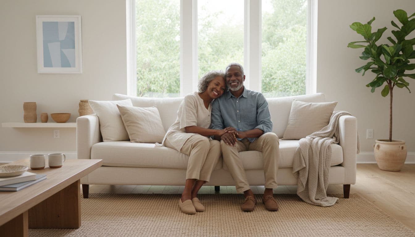 Mature couple relaxing together in a bright, modern living room designed for comfortable retirement living