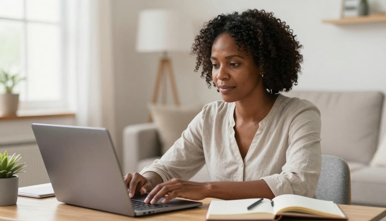 Black woman learning online at home using a laptop and notebook to build professional skills