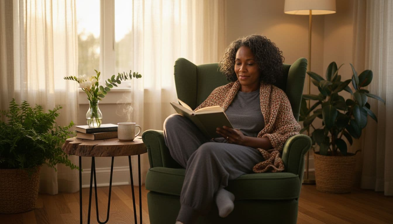Mature Black woman reading a book while sitting comfortably in a cozy living room.