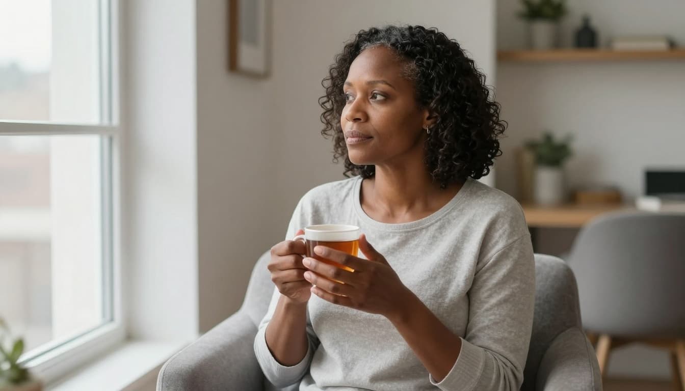 Mature woman holding a cup of tea while reflecting near a window in a calm home setting