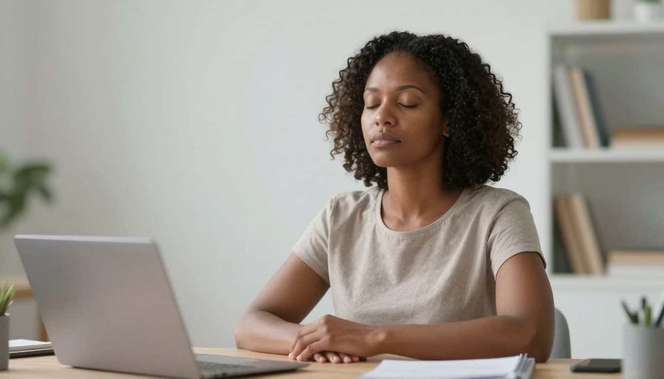 Black woman taking a mindful pause at her desk to improve focus and confidence at work