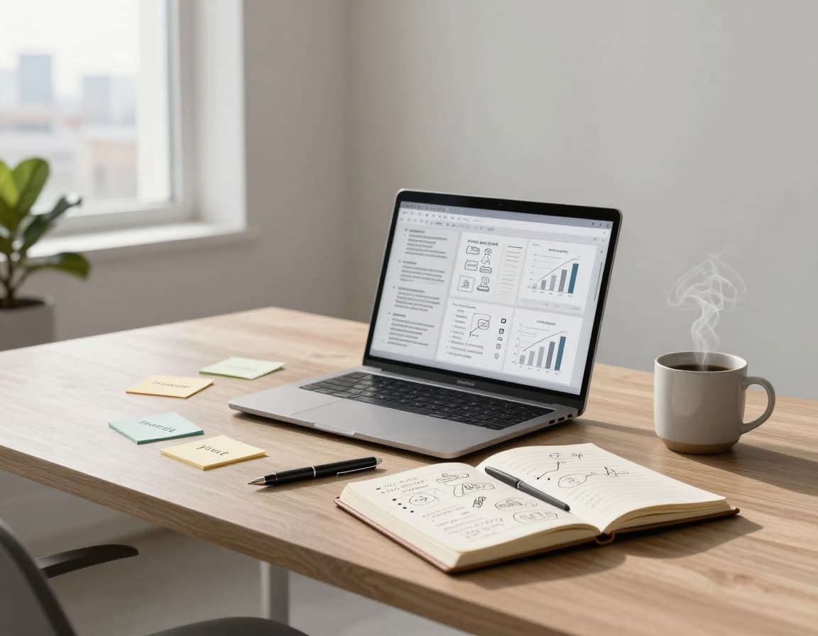 Business planning desk with laptop, notebook, and marketing notes