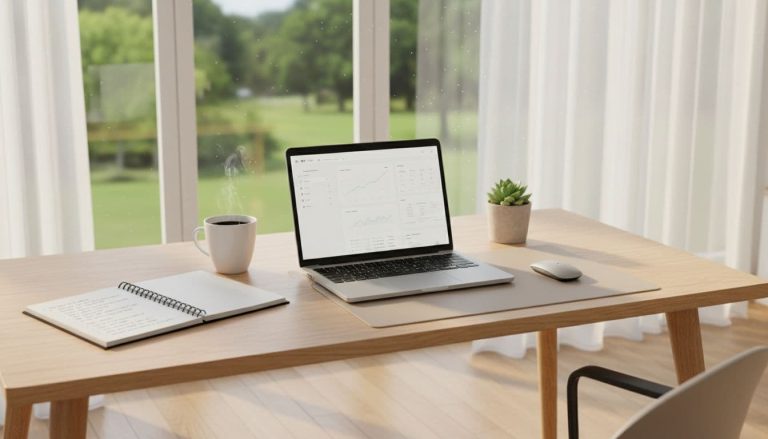 Minimalist home office workspace with a laptop, notebook, and coffee set up for business planning