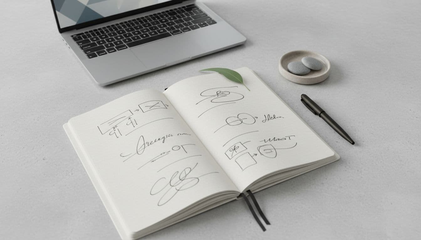 Notebook with strategy sketches and laptop showing focused PR planning and pitching process