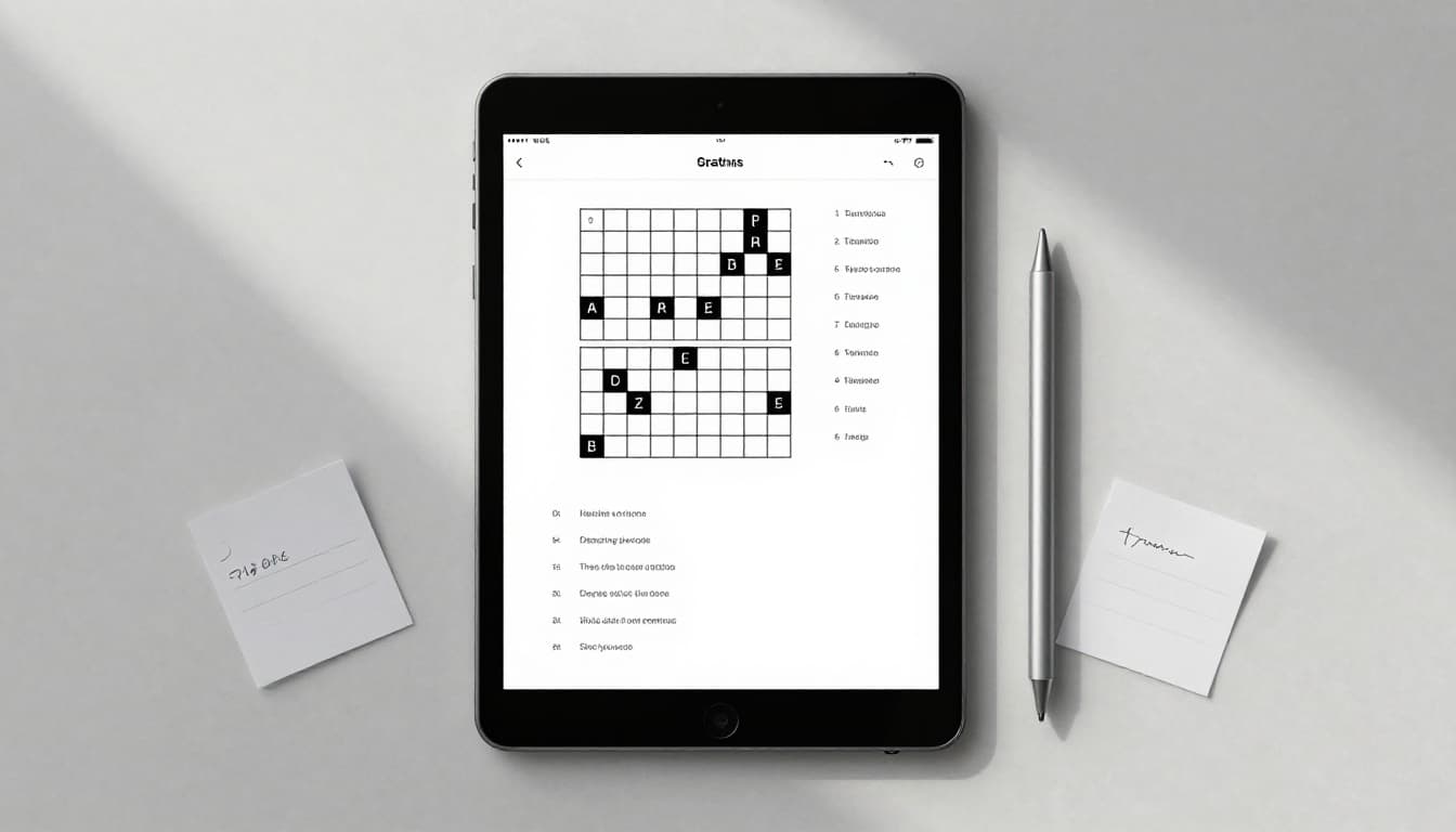 Digital word puzzle displayed on a tablet in a minimalist setting