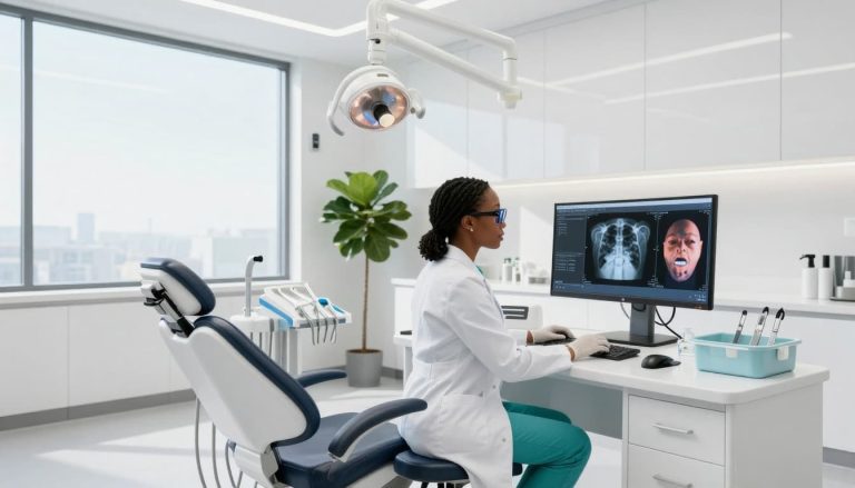 Dentist reviewing digital dental scans on a computer in a modern dental clinic.