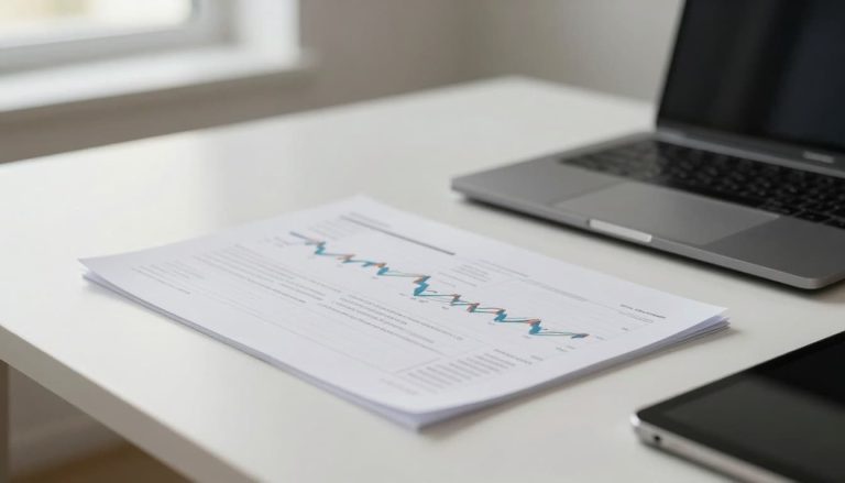 Financial documents and charts on a clean desk with a laptop in a modern workspace