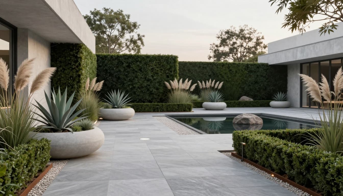Modern courtyard garden with large planters, structured greenery, and a minimalist paved walkway.