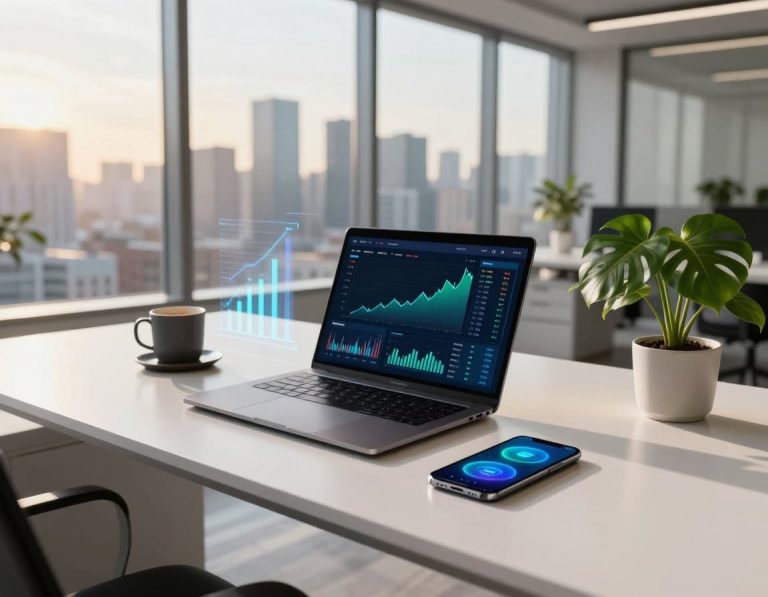 Laptop displaying business analytics and growth charts on a modern office desk