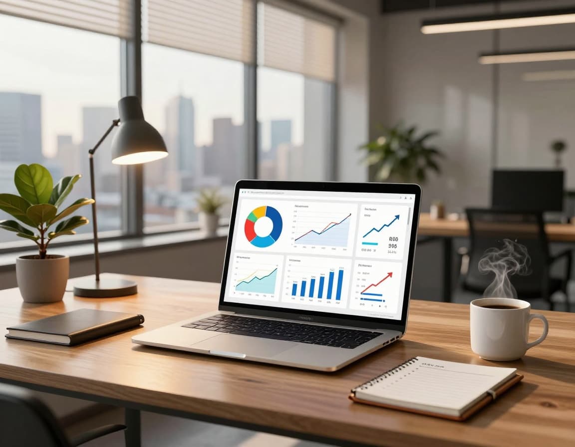 Laptop showing marketing and analytics dashboards in a modern office