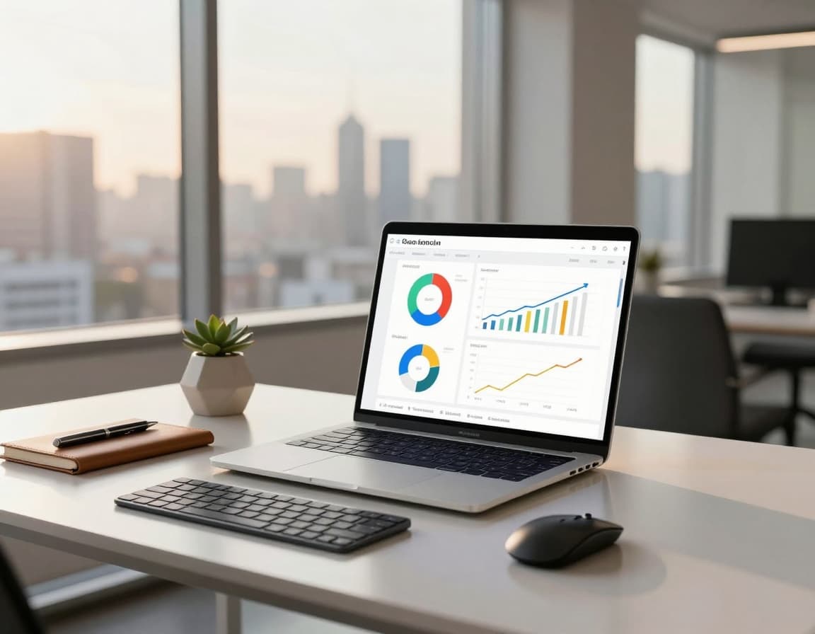 Laptop displaying website analytics and conversion charts on a modern office desk