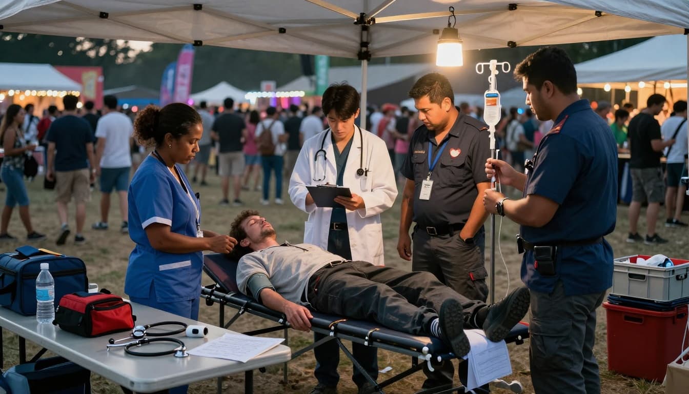 Medical team treating a patient at an outdoor event in a high-pressure healthcare environment