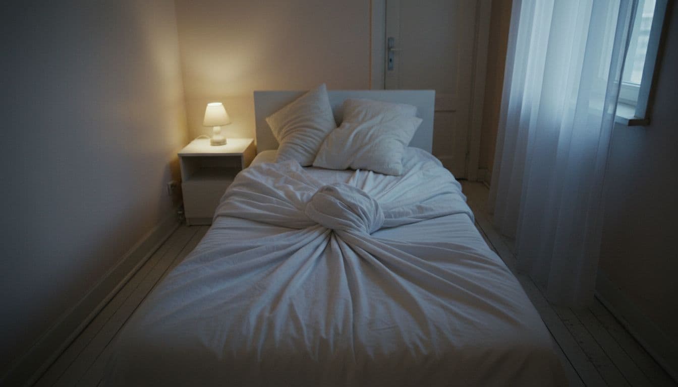 Narrow bed in a dimly lit bedroom showing limited sleeping space