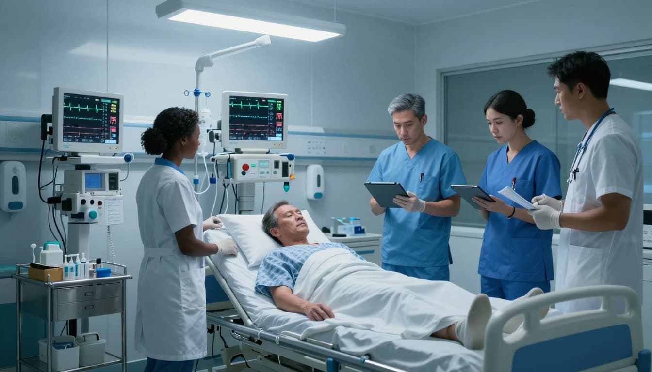 Medical team monitoring a ventilated patient in an ICU, representing a high-pressure healthcare environment
