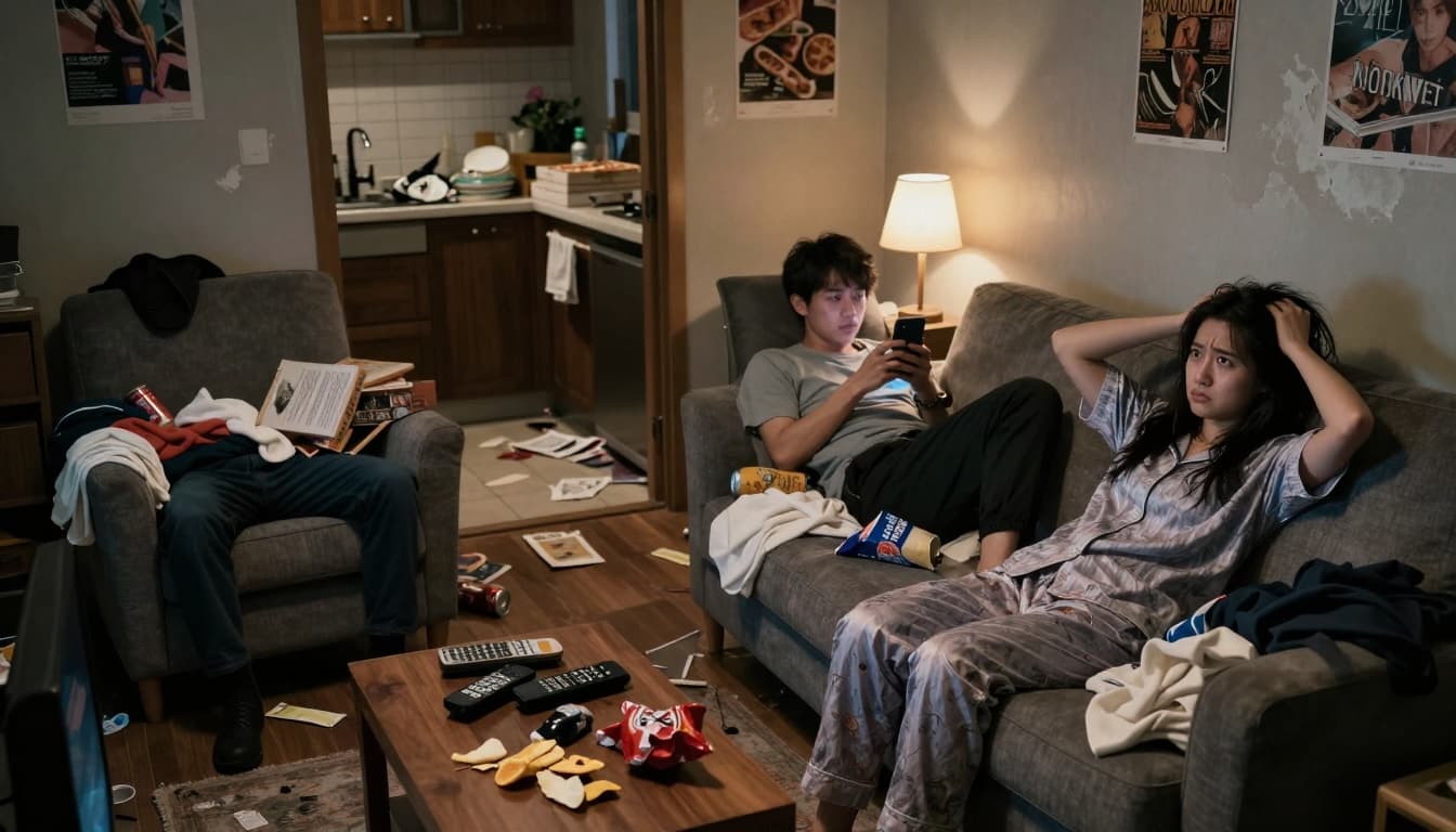 A stressed woman sitting in a cluttered living room while her roommate ignores the mess and focuses on his phone.