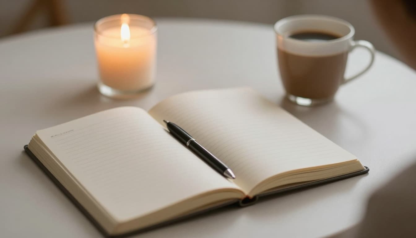 Open journal with pen, candle, and coffee on a table, representing mental clarity and emotional wellness