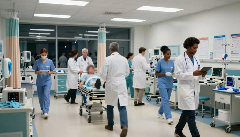 Healthcare professionals working in a busy emergency department, a high-pressure healthcare environment