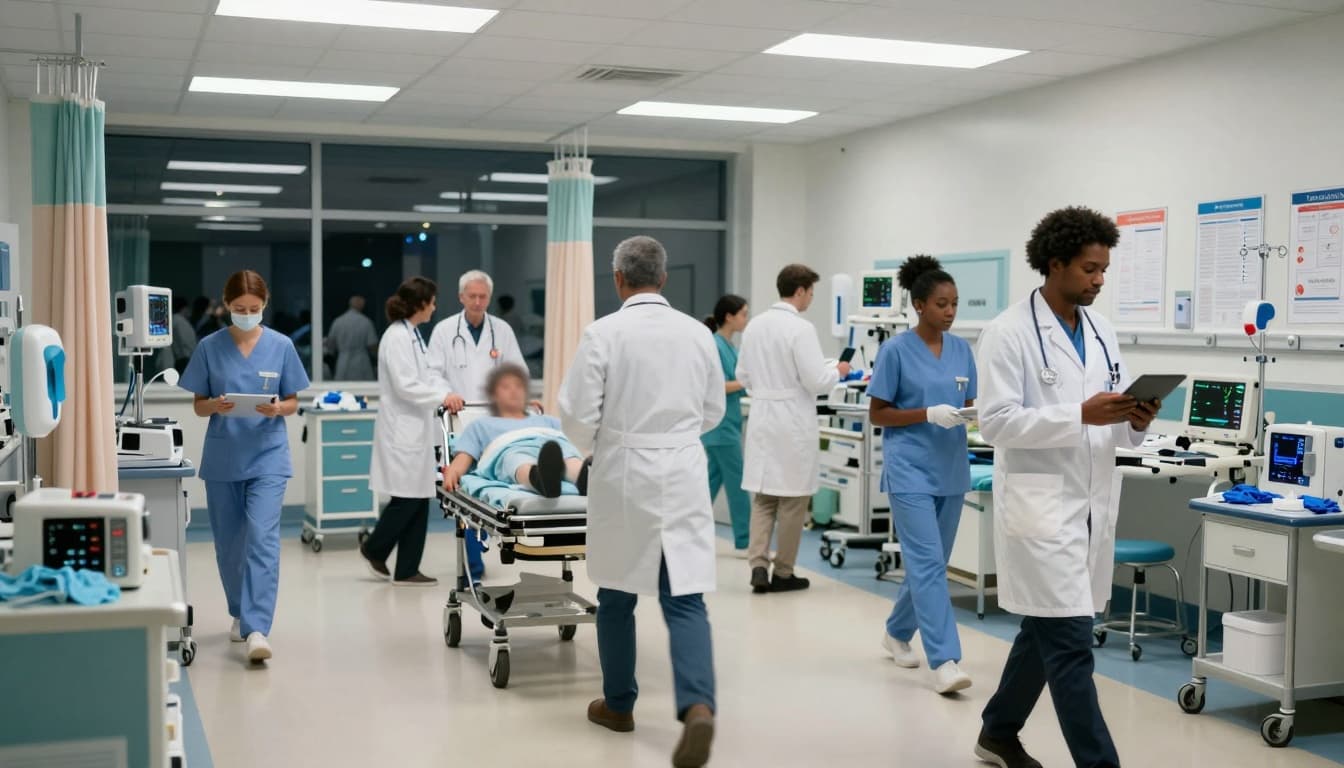 Healthcare professionals working in a busy emergency department, a high-pressure healthcare environment
