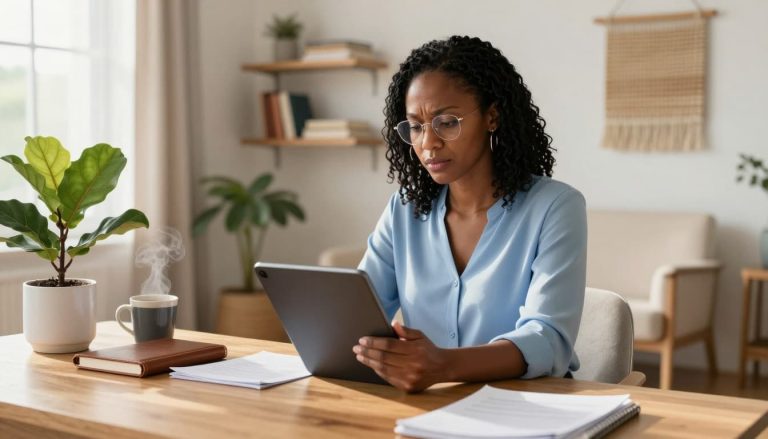 African American woman reviewing information on a tablet in a calm home office setting