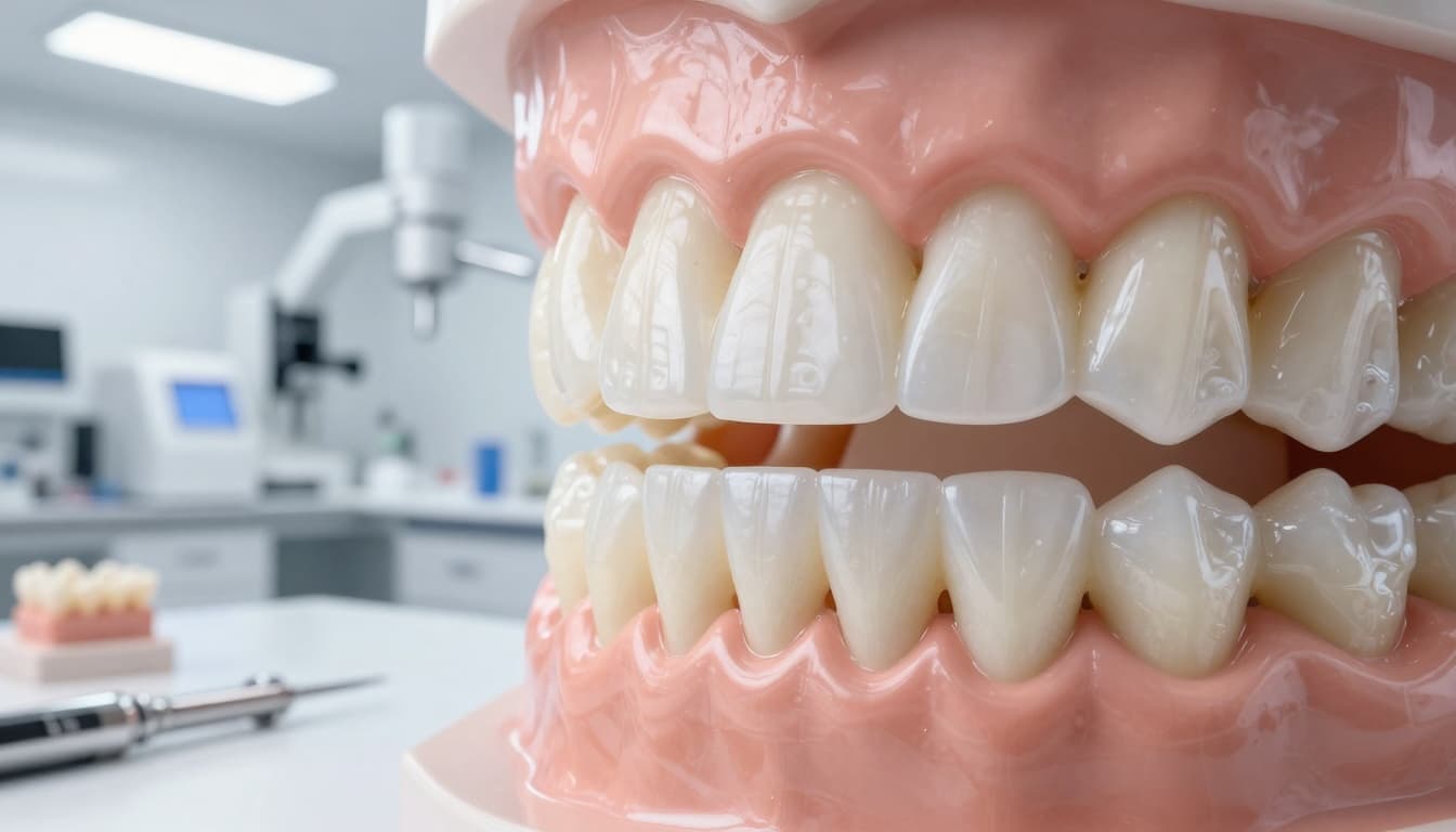 Close-up of ceramic dental crowns on a study model in a clinical setting.