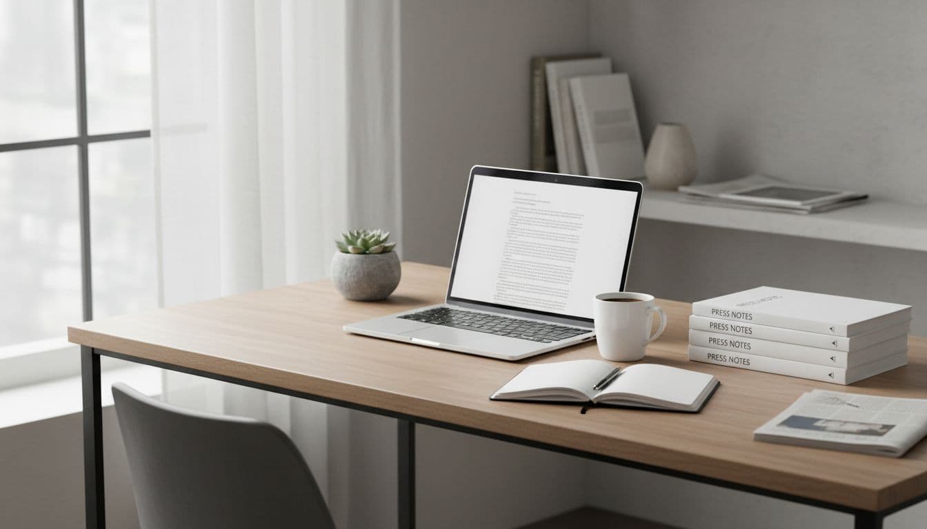 Clean PR workspace with laptop, press notes, and notebook representing journalist-led public relations strategy