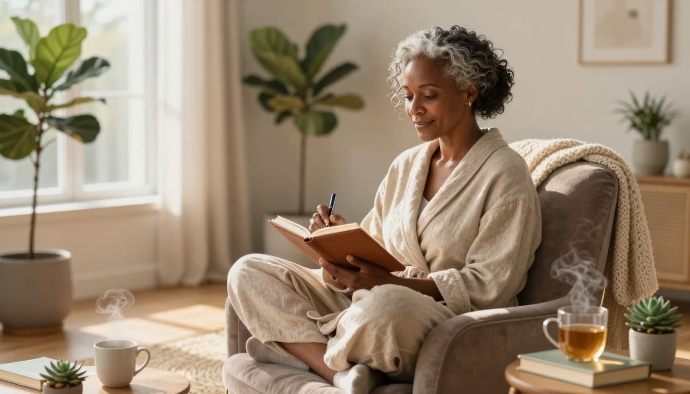African American woman journaling in a comfortable chair during a peaceful morning routine