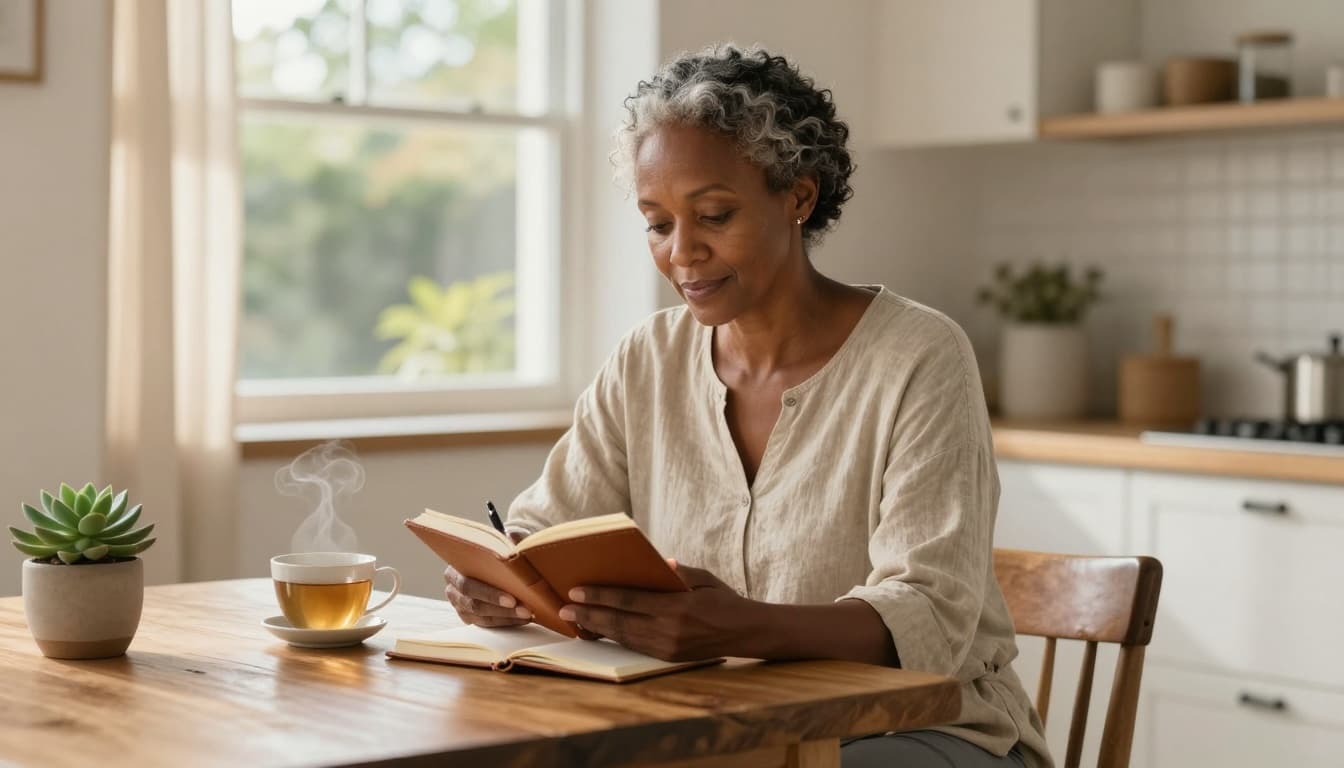 African American woman journaling at a table with tea as part of a calm daily routine for mental focus