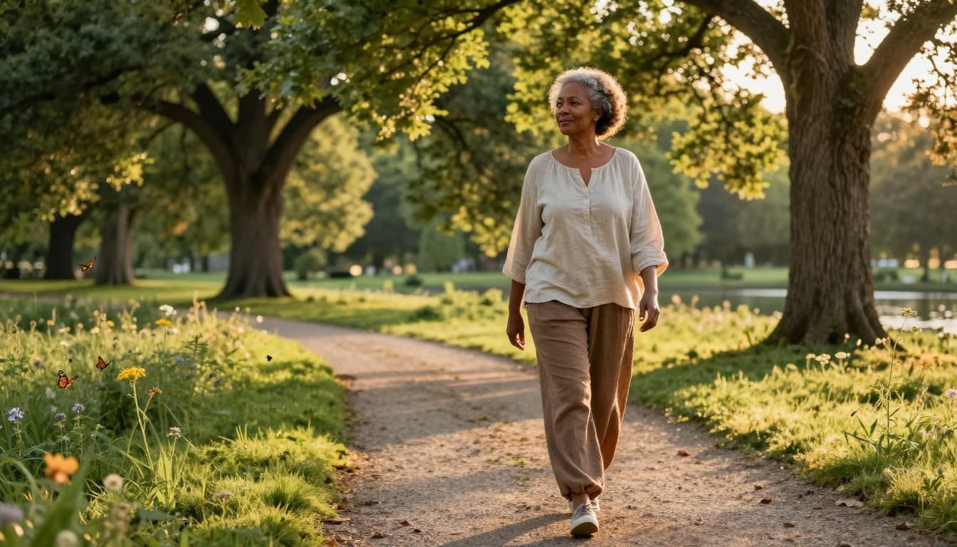 African American woman walking in nature highlighting the stress-reducing benefits of walking
