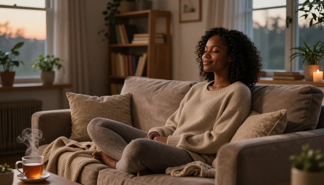 Woman sitting calmly on a sofa at home, embracing rest and contentment as part of a redefined view of success.